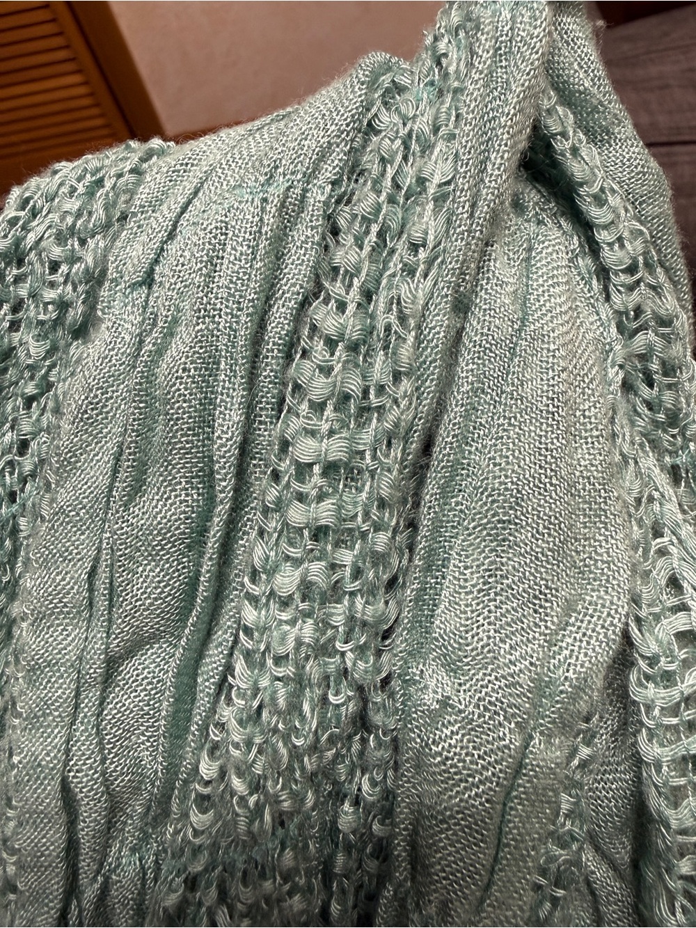 Boho Open Knit Crinkle Fringe Scarf Teal Blue Green Mesh Longline Lightweight - Picture 8 of 9